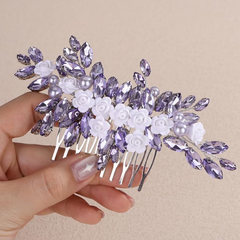Hair Comb Purple Rhinestones Wedding Bridal Side Headpiece Handmade Silver